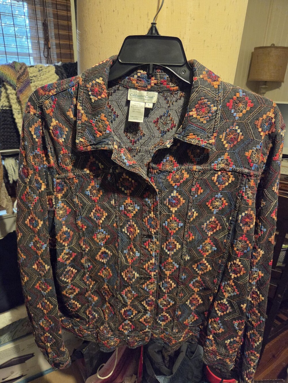 Coldwater Creek Embroidered Black Jacket with Multicolor Floral Motifs